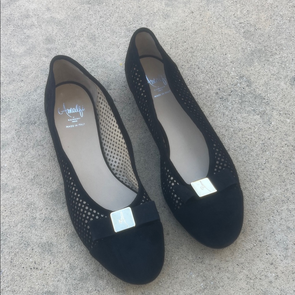 Amalfi by Rangoni Black Suede Bow Tie Gold Detail Flats Women's Size 11